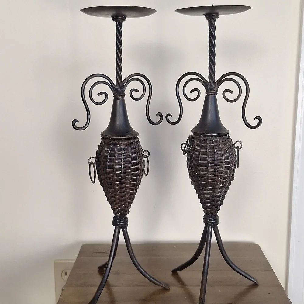 Wrought Iron And Brown Wicker Candle Holders Set Of 2